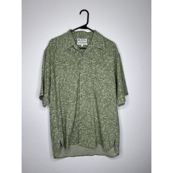 Vtg Columbia Button Front Shirt Men's Medium Silk Green Hawaiian Palm Leaves 90s - Picture 2 of 16